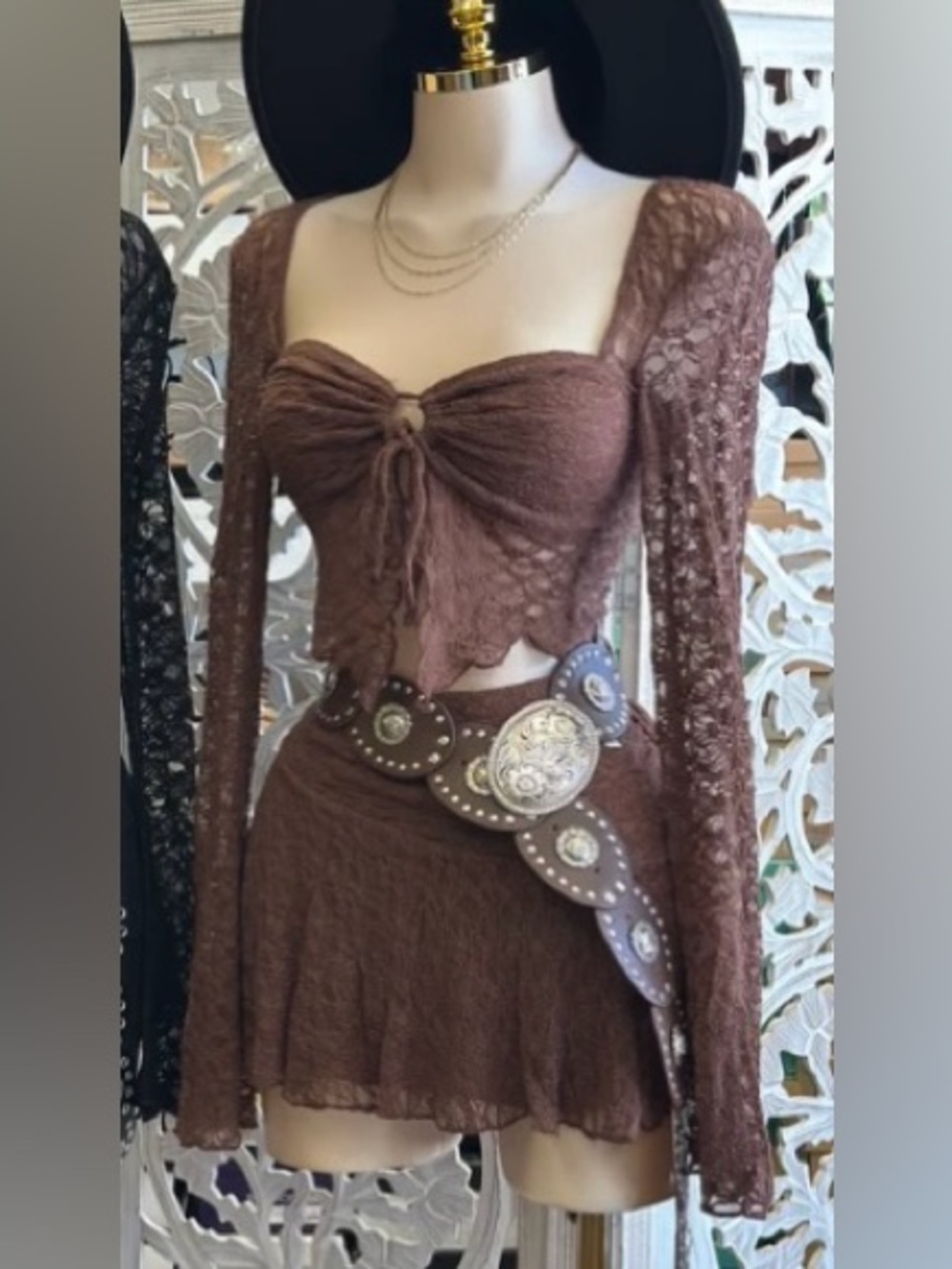 Lace Long-Sleeve Mini Skirt Set in Chocolate Brown